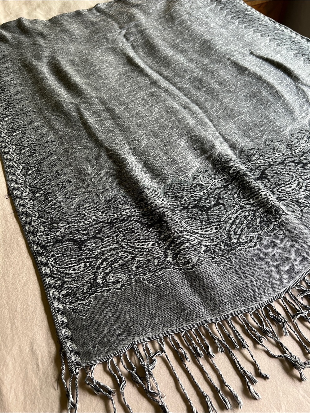 Gray Paisley Fringe Scarf Wrap - 72x28”
